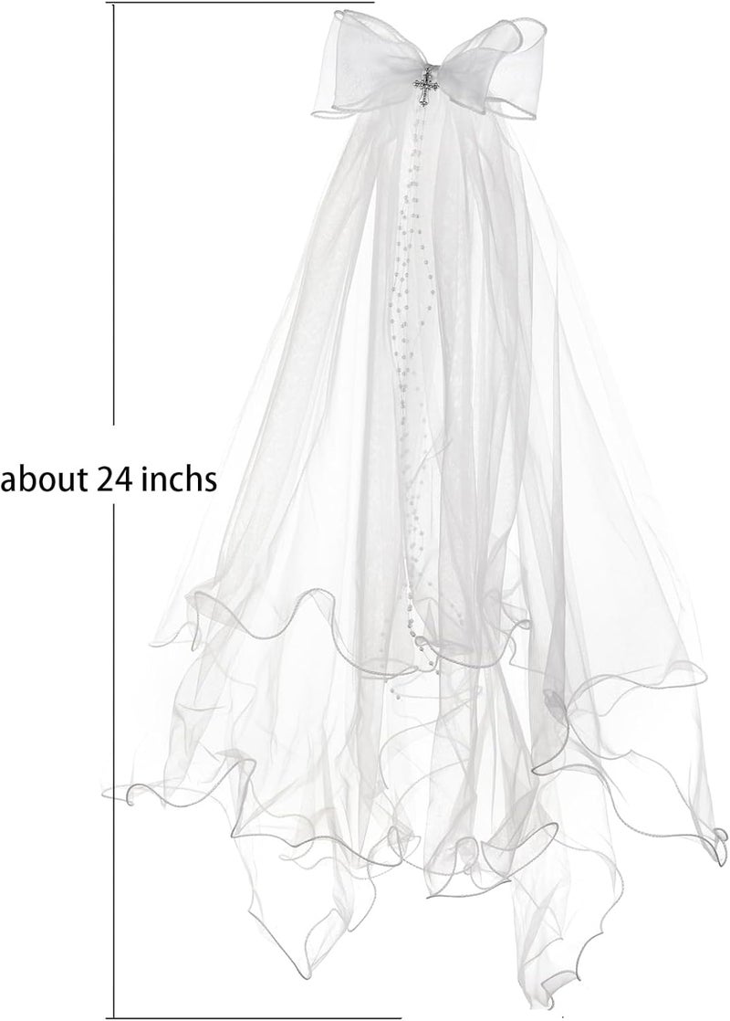 Merroyal Girls Communion Bow and Dangle Cross Charm with 24 Inch Veil on Hair Comb,with White Floral Crown - Image 2